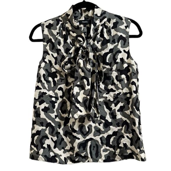 THEORY TIE SCARF CAMO SILK TWILL 100% SILK SLEEVELESS TOP BLOUSE PETITE SMALL - Picture 1 of 9